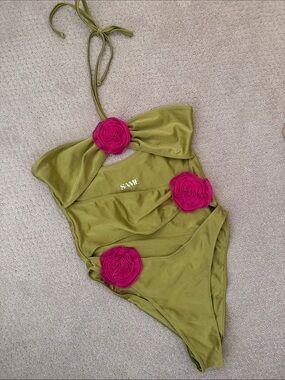 SAME One-Piece Swimsuit with Pink Flower Accents